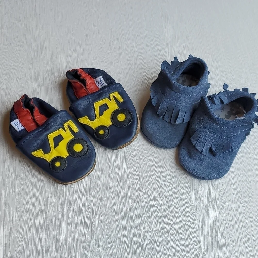 Petite Marin Leather Bulldozer and Blue Suede Baby Bootie Bundle